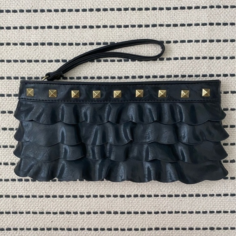 Cute Black Ruffled Faux Leather Clutch Purse with Gold Stud Details 11” x 5”